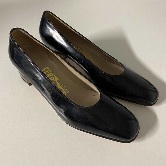 Salvatore Ferragamo Pump Patent Leather Black Block Heel 5 B Vintage Cla… - Picture 3 of 10